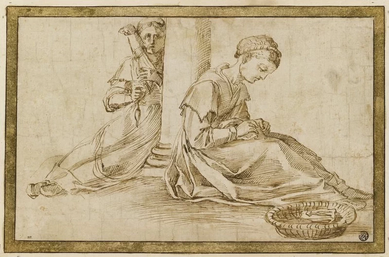 Ai piedi di una colonna due donne cuciono e filano - Museo del Louvre, Parigi